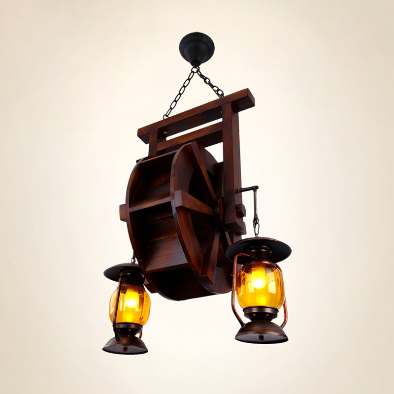 Dark Wood 3 Lights Chandelier Lighting Fixture Warehouse Amber Glass Lantern Hanging Lamp Kit Clearhalo 'Ceiling Lights' 'Chandeliers' 'Glass shade' 'Glass' 'Industrial Chandeliers' 'Industrial' 'Middle Century Chandeliers' 'Tiffany' Lighting' 337421