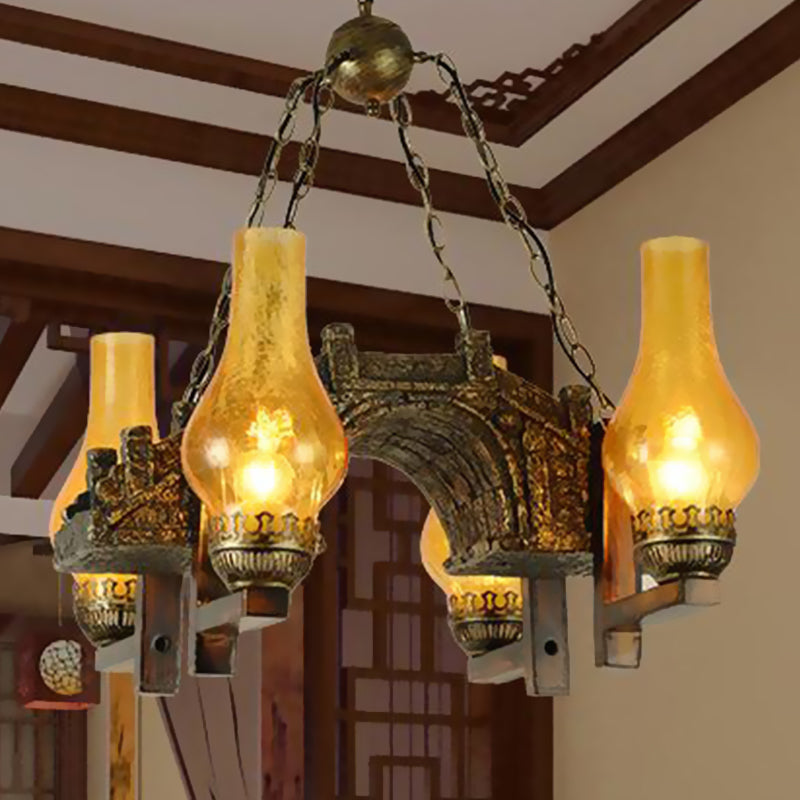 Vase Kitchen Chandelier Pendant Light Vintage Amber Crackle Glass 4 Lights Bronze Drop Lamp Clearhalo 'Ceiling Lights' 'Chandeliers' 'Glass shade' 'Glass' 'Industrial Chandeliers' 'Industrial' 'Middle Century Chandeliers' 'Tiffany' Lighting' 337425