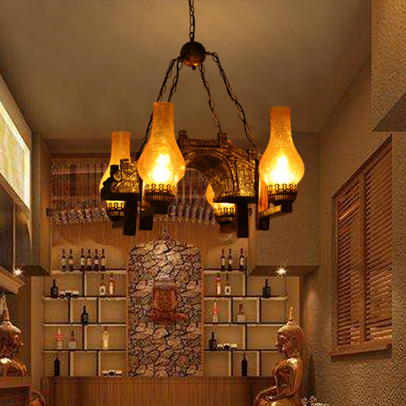 Vase Kitchen Chandelier Pendant Light Vintage Amber Crackle Glass 4 Lights Bronze Drop Lamp Clearhalo 'Ceiling Lights' 'Chandeliers' 'Glass shade' 'Glass' 'Industrial Chandeliers' 'Industrial' 'Middle Century Chandeliers' 'Tiffany' Lighting' 337426