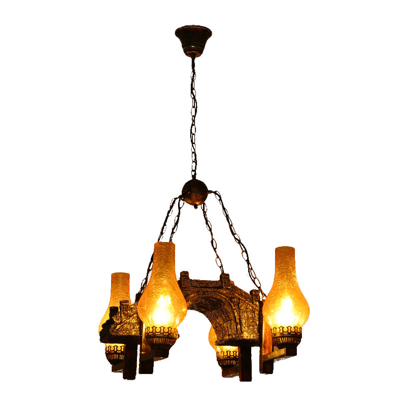 Vase Kitchen Chandelier Pendant Light Vintage Amber Crackle Glass 4 Lights Bronze Drop Lamp Clearhalo 'Ceiling Lights' 'Chandeliers' 'Glass shade' 'Glass' 'Industrial Chandeliers' 'Industrial' 'Middle Century Chandeliers' 'Tiffany' Lighting' 337427