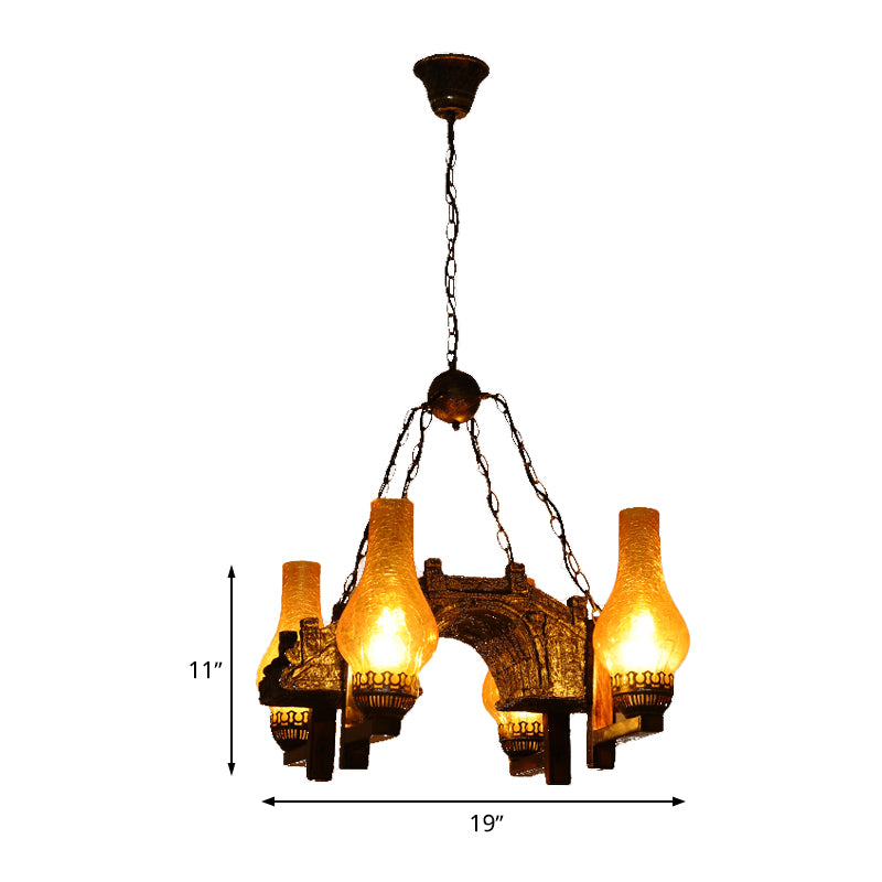 Vase Kitchen Chandelier Pendant Light Vintage Amber Crackle Glass 4 Lights Bronze Drop Lamp Clearhalo 'Ceiling Lights' 'Chandeliers' 'Glass shade' 'Glass' 'Industrial Chandeliers' 'Industrial' 'Middle Century Chandeliers' 'Tiffany' Lighting' 337428