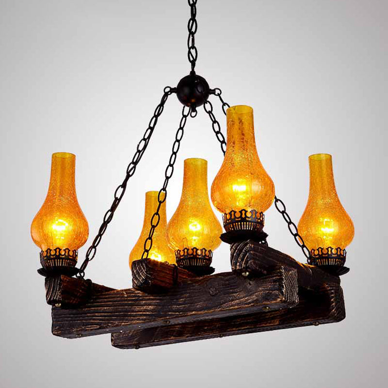 Vase Amber Crackle Glass Chandelier Antiqued 5 Lights Restaurant Hanging Light Fixture in Dark Wood Clearhalo 'Ceiling Lights' 'Chandeliers' 'Glass shade' 'Glass' 'Industrial Chandeliers' 'Industrial' 'Middle Century Chandeliers' 'Tiffany' Lighting' 337439