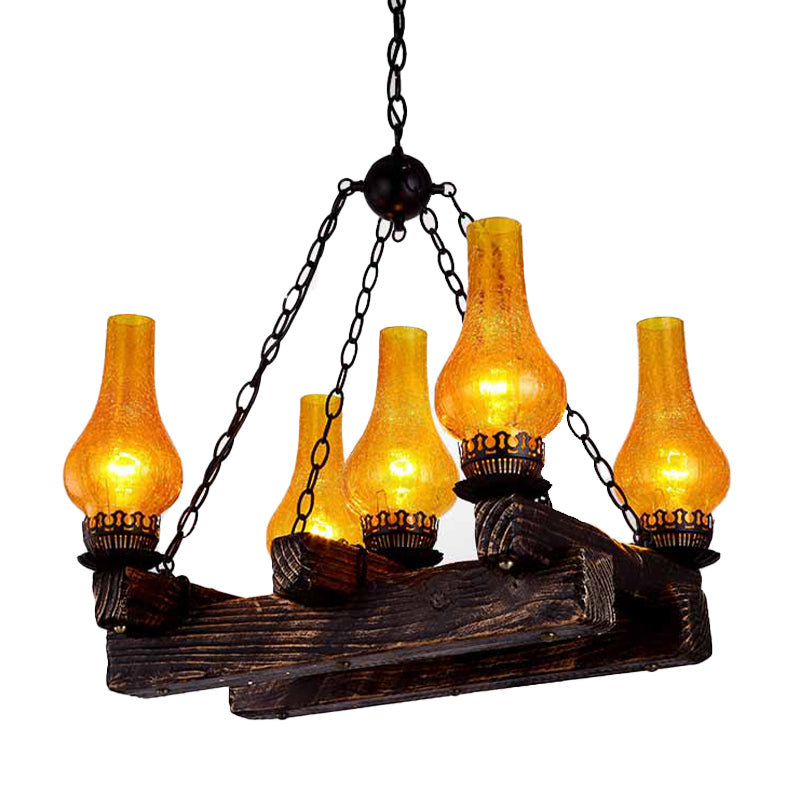 Vase Amber Crackle Glass Chandelier Antiqued 5 Lights Restaurant Hanging Light Fixture in Dark Wood Clearhalo 'Ceiling Lights' 'Chandeliers' 'Glass shade' 'Glass' 'Industrial Chandeliers' 'Industrial' 'Middle Century Chandeliers' 'Tiffany' Lighting' 337440