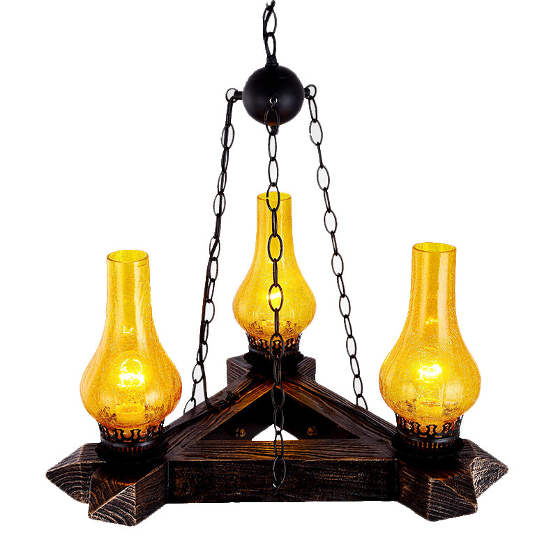 3 Lights Amber Crackle Glass Ceiling Chandelier Retro Dark Wood Vase Restaurant Suspension Light Clearhalo 'Ceiling Lights' 'Chandeliers' 'Glass shade' 'Glass' 'Industrial Chandeliers' 'Industrial' 'Middle Century Chandeliers' 'Tiffany' Lighting' 337445