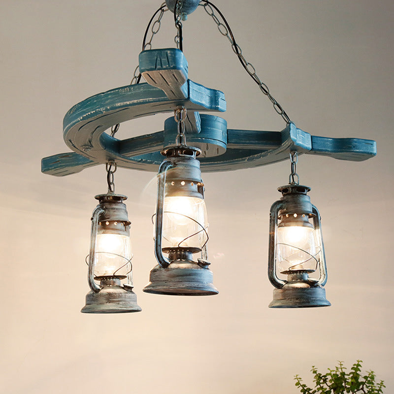 3 Lights Living Room Chandelier Light Industrial Blue Pendant with Kerosene Clear Glass Shade Blue Clearhalo 'Ceiling Lights' 'Chandeliers' 'Glass shade' 'Glass' 'Industrial Chandeliers' 'Industrial' 'Middle Century Chandeliers' 'Tiffany' Lighting' 337447