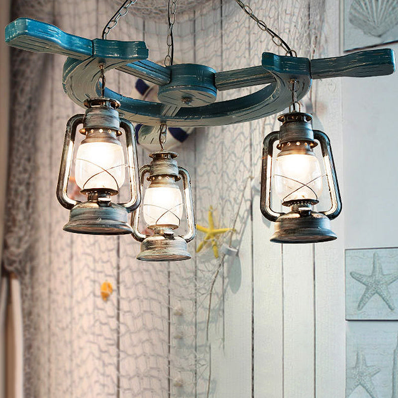 3 Lights Living Room Chandelier Light Industrial Blue Pendant with Kerosene Clear Glass Shade Clearhalo 'Ceiling Lights' 'Chandeliers' 'Glass shade' 'Glass' 'Industrial Chandeliers' 'Industrial' 'Middle Century Chandeliers' 'Tiffany' Lighting' 337448