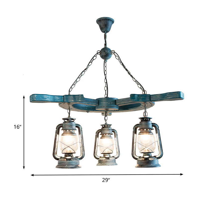 3 Lights Living Room Chandelier Light Industrial Blue Pendant with Kerosene Clear Glass Shade Clearhalo 'Ceiling Lights' 'Chandeliers' 'Glass shade' 'Glass' 'Industrial Chandeliers' 'Industrial' 'Middle Century Chandeliers' 'Tiffany' Lighting' 337451