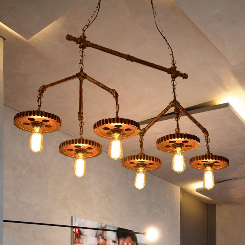 6 Lights Metal Island Light Fixture Industrial-Style Rust Bare Bulb Restaurant Chandelier Lighting Clearhalo 'Ceiling Lights' 'Island Lights' Lighting' 337471