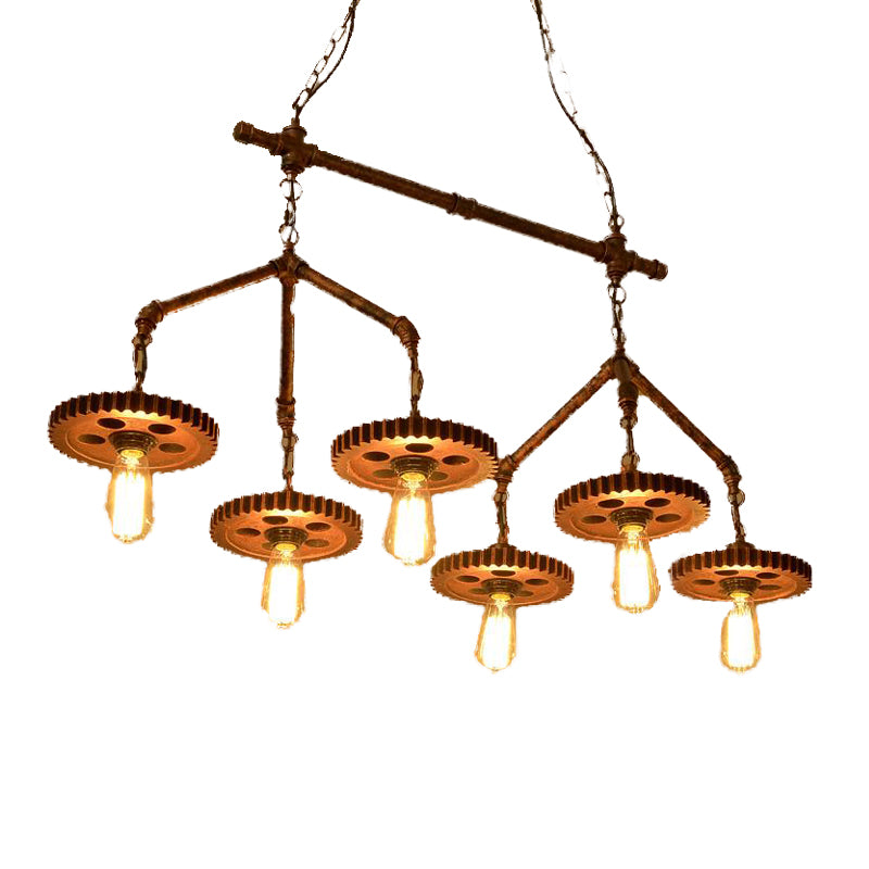 6 Lights Metal Island Light Fixture Industrial-Style Rust Bare Bulb Restaurant Chandelier Lighting Clearhalo 'Ceiling Lights' 'Island Lights' Lighting' 337473