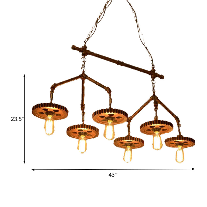 6 Lights Metal Island Light Fixture Industrial-Style Rust Bare Bulb Restaurant Chandelier Lighting Clearhalo 'Ceiling Lights' 'Island Lights' Lighting' 337474