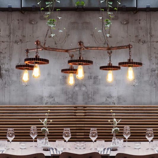 Open Bulb Metal Island Lamp Factory 6 Lights Dining Room Pendant Lighting in Rust with Gear Deco Rust Clearhalo 'Ceiling Lights' 'Island Lights' Lighting' 337475