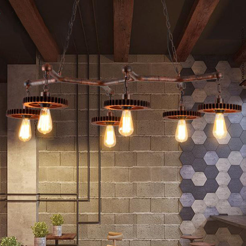 Open Bulb Metal Island Lamp Factory 6 Lights Dining Room Pendant Lighting in Rust with Gear Deco Clearhalo 'Ceiling Lights' 'Island Lights' Lighting' 337476