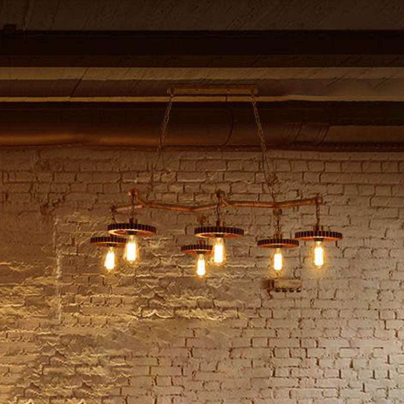 Open Bulb Metal Island Lamp Factory 6 Lights Dining Room Pendant Lighting in Rust with Gear Deco Clearhalo 'Ceiling Lights' 'Island Lights' Lighting' 337477