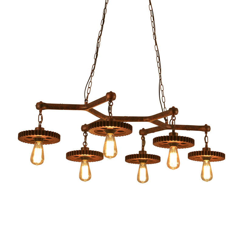 Open Bulb Metal Island Lamp Factory 6 Lights Dining Room Pendant Lighting in Rust with Gear Deco Clearhalo 'Ceiling Lights' 'Island Lights' Lighting' 337478