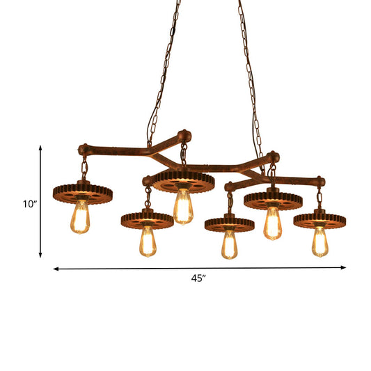 Open Bulb Metal Island Lamp Factory 6 Lights Dining Room Pendant Lighting in Rust with Gear Deco Clearhalo 'Ceiling Lights' 'Island Lights' Lighting' 337479