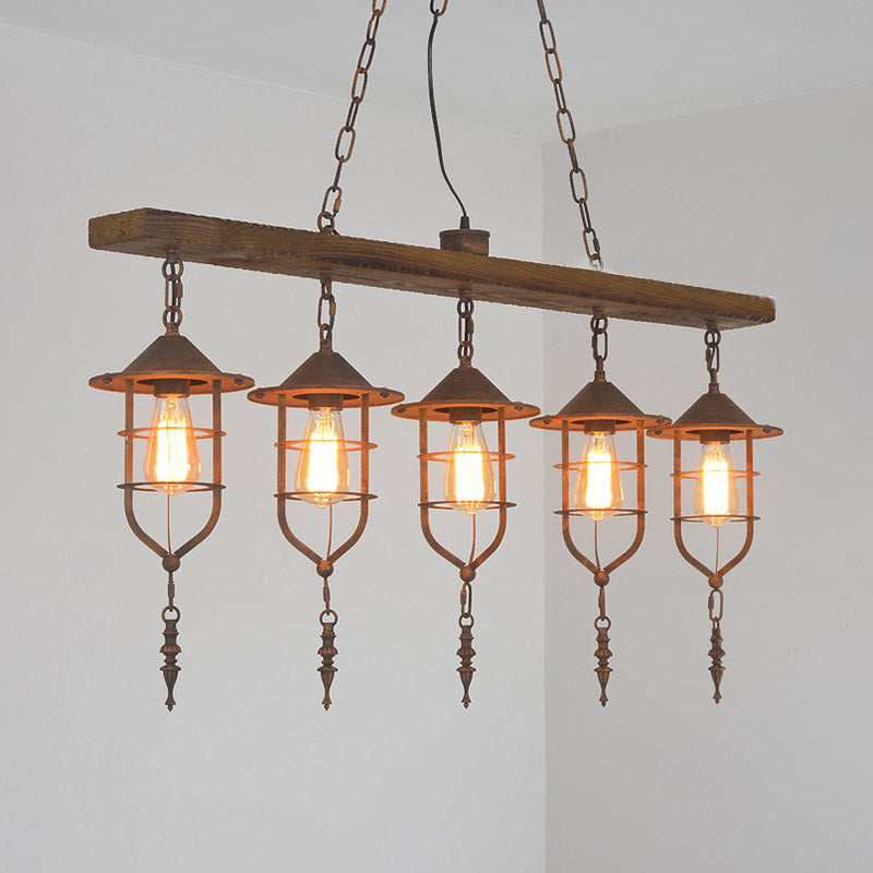 Wood 5 Lights Island Lighting Fixture Retro Linear Hanging Ceiling Light with Iron Cage Clearhalo 'Ceiling Lights' 'Island Lights' Lighting' 337563