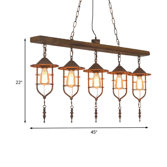 Wood 5 Lights Island Lighting Fixture Retro Linear Hanging Ceiling Light with Iron Cage Clearhalo 'Ceiling Lights' 'Island Lights' Lighting' 337565