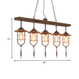 Wood 5 Lights Island Lighting Fixture Retro Linear Hanging Ceiling Light with Iron Cage Clearhalo 'Ceiling Lights' 'Island Lights' Lighting' 337565