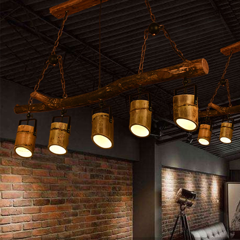 Wood Linear Island Pendant Light Farmhouse Bamboo 5 Lights Restaurant Hanging Lamp Wood Clearhalo 'Ceiling Lights' 'Island Lights' Lighting' 337586