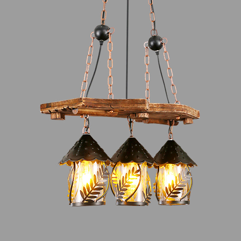 2/3 Lights Lantern Island Lighting Industrial White/Clear Wood Hanging Pendant Light for Restaurant 3 Clear Clearhalo 'Ceiling Lights' 'Island Lights' Lighting' 337606