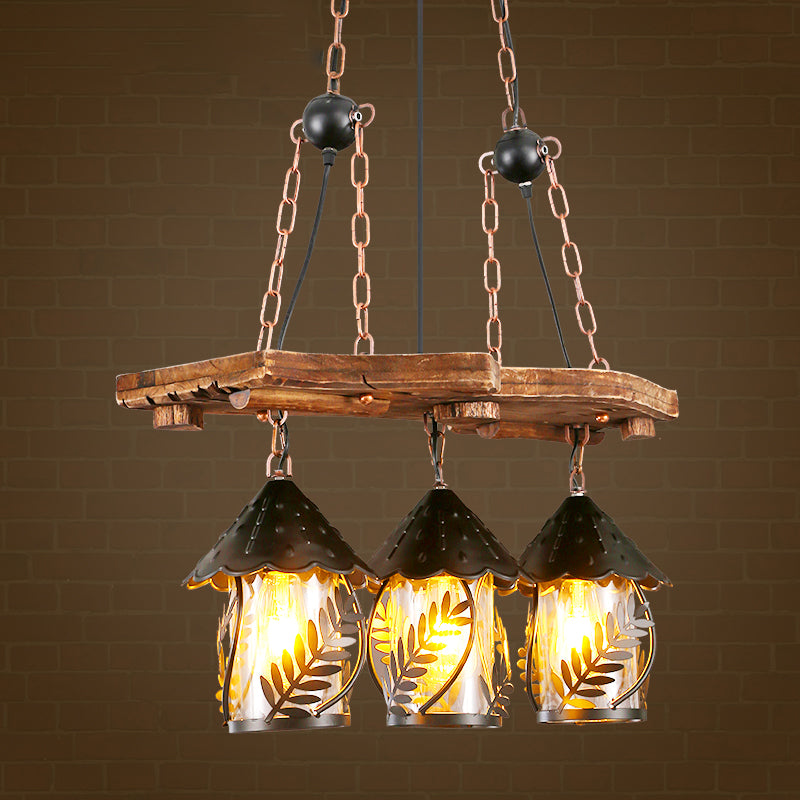 2/3 Lights Lantern Island Lighting Industrial White/Clear Wood Hanging Pendant Light for Restaurant Clearhalo 'Ceiling Lights' 'Island Lights' Lighting' 337608