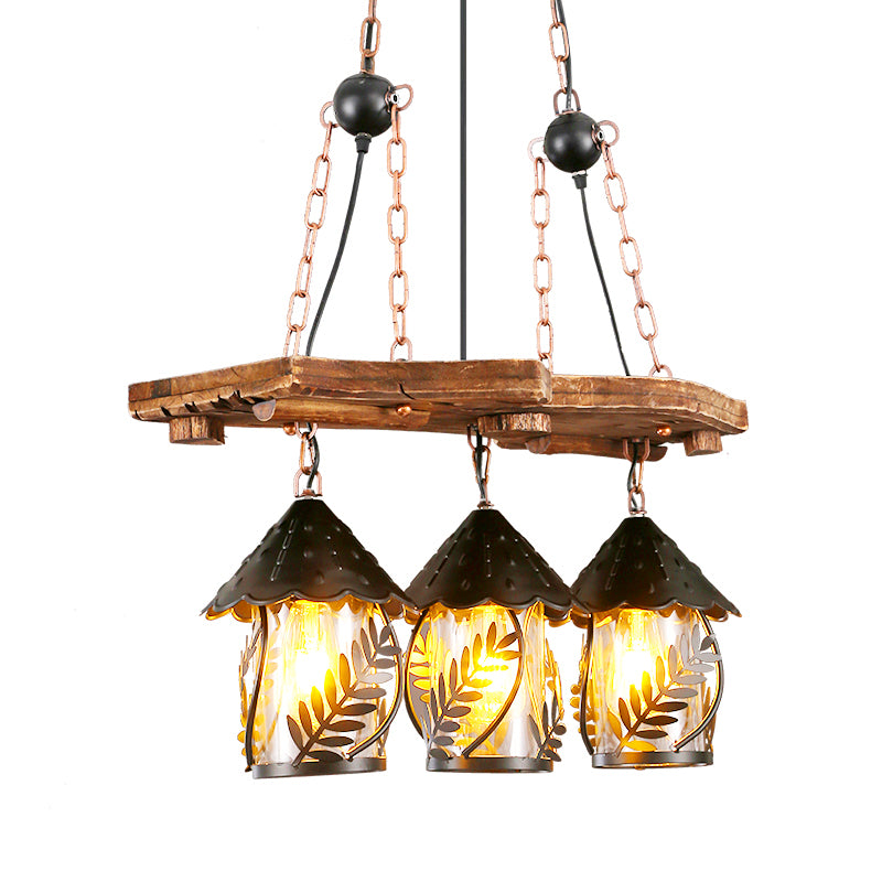 2/3 Lights Lantern Island Lighting Industrial White/Clear Wood Hanging Pendant Light for Restaurant Clearhalo 'Ceiling Lights' 'Island Lights' Lighting' 337609