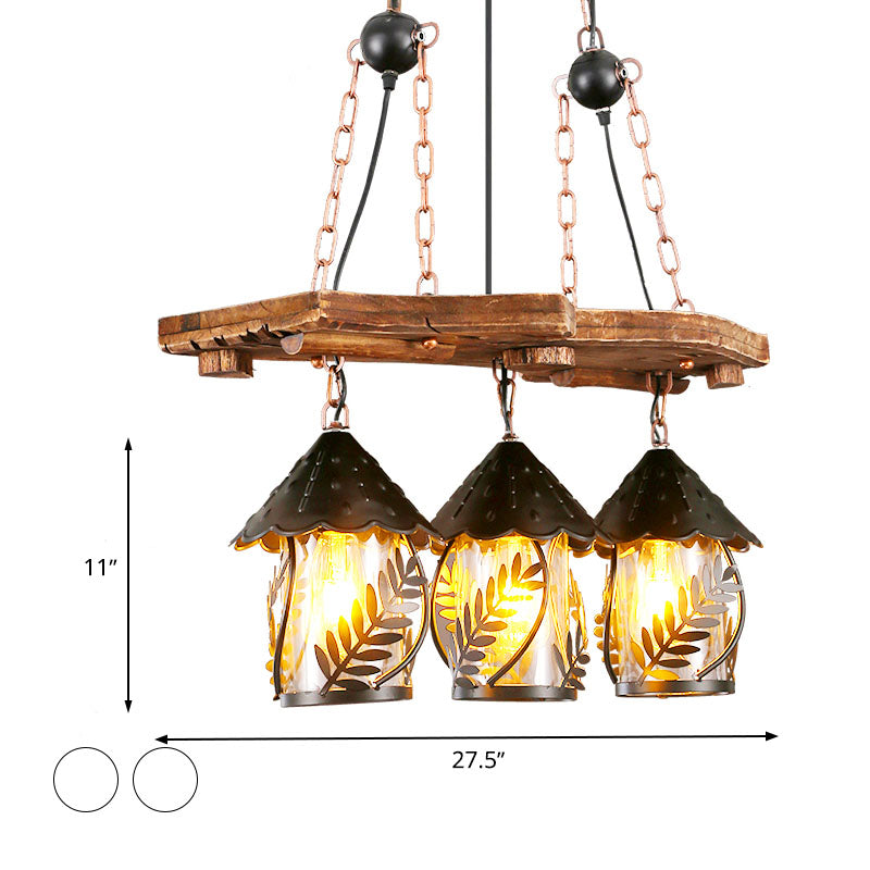 2/3 Lights Lantern Island Lighting Industrial White/Clear Wood Hanging Pendant Light for Restaurant Clearhalo 'Ceiling Lights' 'Island Lights' Lighting' 337610