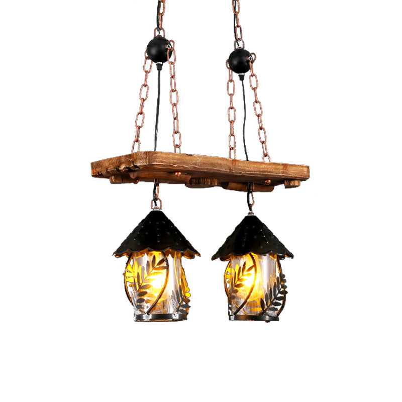 2/3 Lights Lantern Island Lighting Industrial White/Clear Wood Hanging Pendant Light for Restaurant Clearhalo 'Ceiling Lights' 'Island Lights' Lighting' 337613