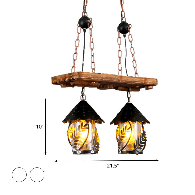 2/3 Lights Lantern Island Lighting Industrial White/Clear Wood Hanging Pendant Light for Restaurant Clearhalo 'Ceiling Lights' 'Island Lights' Lighting' 337614