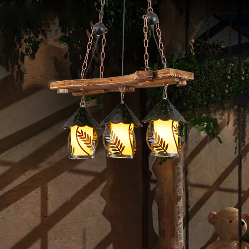 2/3 Lights Lantern Island Lighting Industrial White/Clear Wood Hanging Pendant Light for Restaurant 3 White Clearhalo 'Ceiling Lights' 'Island Lights' Lighting' 337615