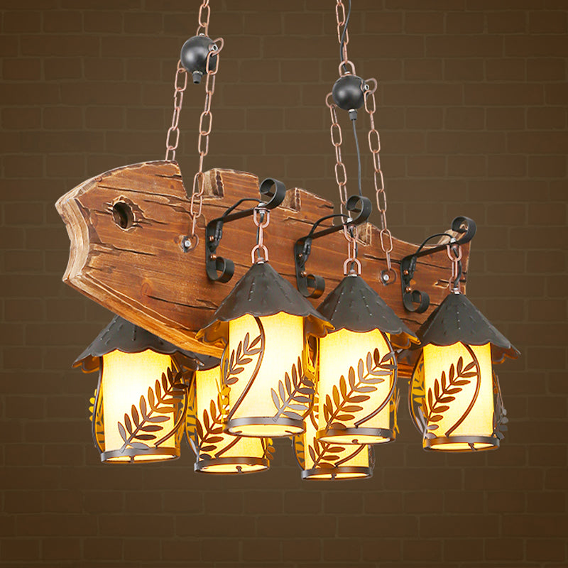 6 Lights Island Lamp Factory Fish-Shaped White Fabric/Clear Glass Hanging Lamp Kit in Black for Dining Room with Metal Arm Clearhalo 'Ceiling Lights' 'Island Lights' Lighting' 337621