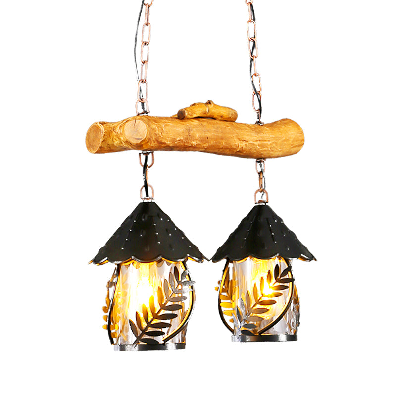 3 Lights Restaurant Island Lighting Idea Farmhouse Black Hanging Lamp with Cylinder White Fabric/Clear Glass Shade Clearhalo 'Ceiling Lights' 'Island Lights' Lighting' 337631