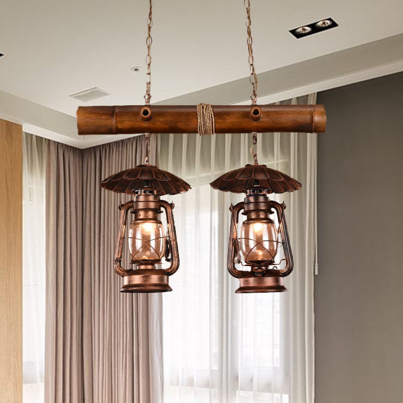 2 Lights Island Pendant Industrial Kerosene Metallic Chandelier Lighting in Red Brown Red Brown Clearhalo 'Ceiling Lights' 'Island Lights' Lighting' 337699