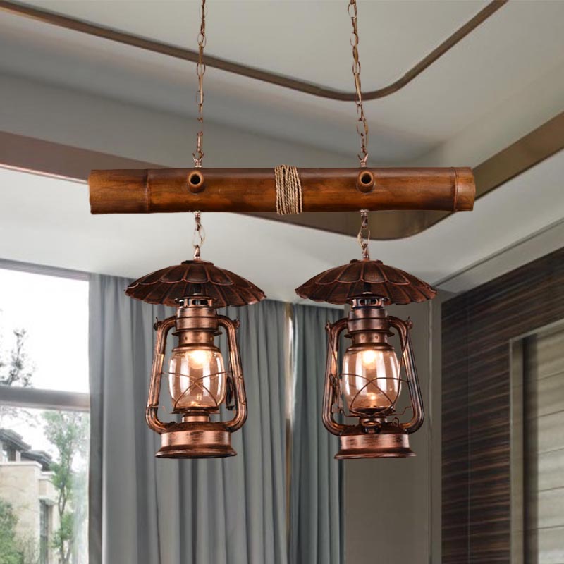 2 Lights Island Pendant Industrial Kerosene Metallic Chandelier Lighting in Red Brown Clearhalo 'Ceiling Lights' 'Island Lights' Lighting' 337700