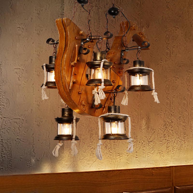 6 Lights Dining Room Island Chandelier Light Factory Wood Hanging Light with Kerosene Clear Glass Shade Clearhalo 'Ceiling Lights' 'Glass shade' 'Glass' 'Island Lights' Lighting' 337705