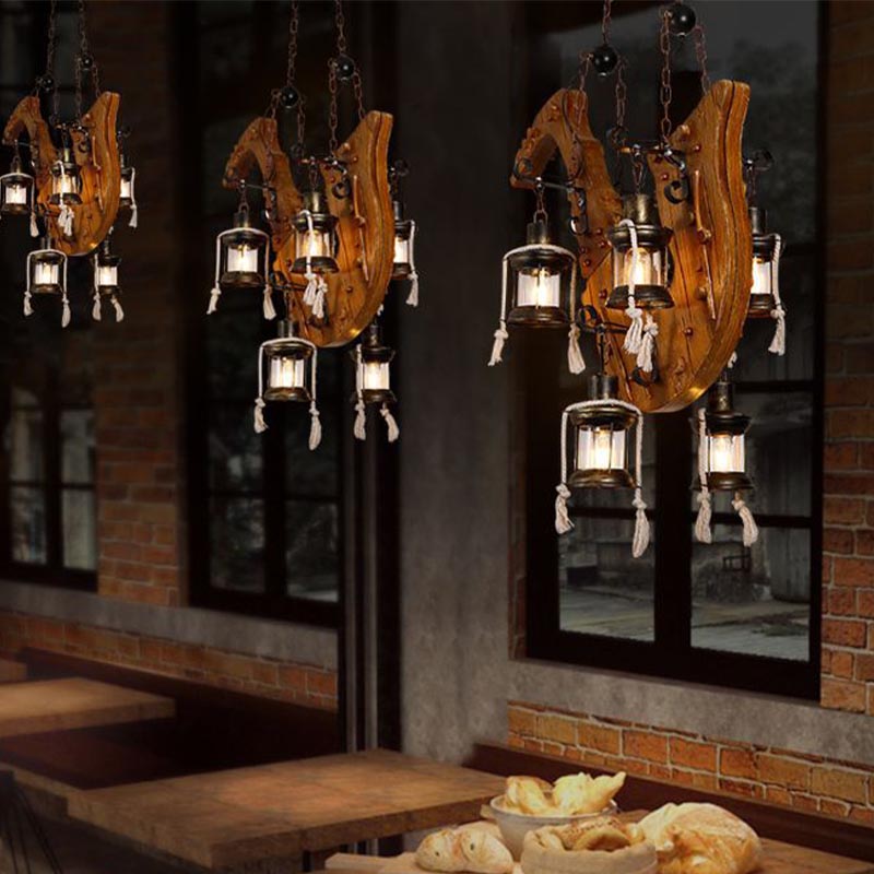 6 Lights Dining Room Island Chandelier Light Factory Wood Hanging Light with Kerosene Clear Glass Shade Clearhalo 'Ceiling Lights' 'Glass shade' 'Glass' 'Island Lights' Lighting' 337706