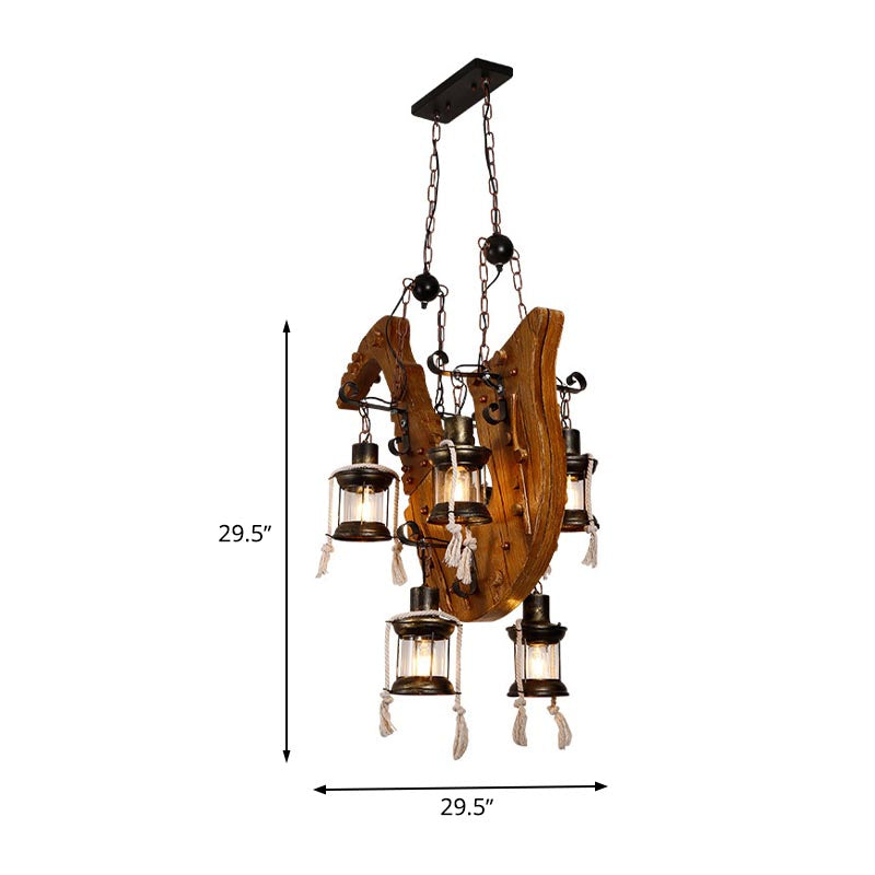 6 Lights Dining Room Island Chandelier Light Factory Wood Hanging Light with Kerosene Clear Glass Shade Clearhalo 'Ceiling Lights' 'Glass shade' 'Glass' 'Island Lights' Lighting' 337708