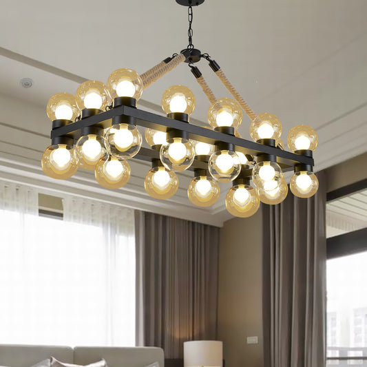 Rectangle Cognac Glass Hanging Island Light Farmhouse 24 Lights Dining Room Pendant in Black Black Clearhalo 'Ceiling Lights' 'Glass shade' 'Glass' 'Island Lights' Lighting' 337714