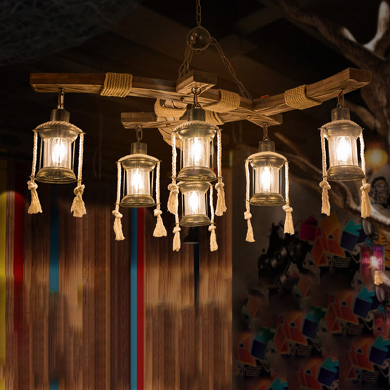 Lantern Restaurant Island Light Warehouse Clear Glass 6 Lights Wood Hanging Lamp Wood Clearhalo 'Ceiling Lights' 'Glass shade' 'Glass' 'Island Lights' Lighting' 337719