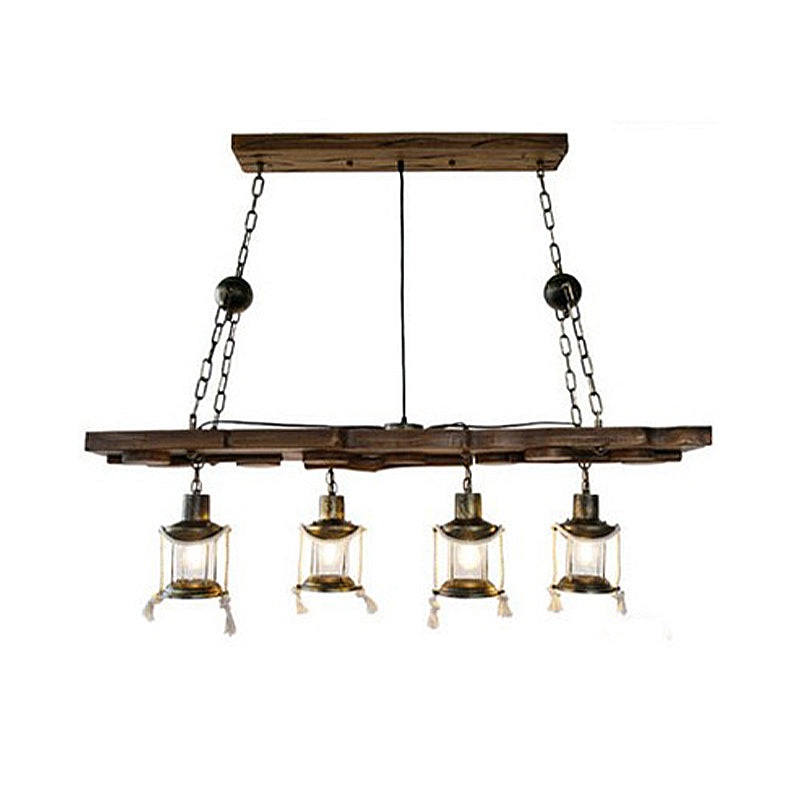 Dark Wood 4 Lights Island Lamp Vintage Clear Glass Kerosene Chandelier Lighting Fixture Clearhalo 'Ceiling Lights' 'Glass shade' 'Glass' 'Island Lights' Lighting' 337727