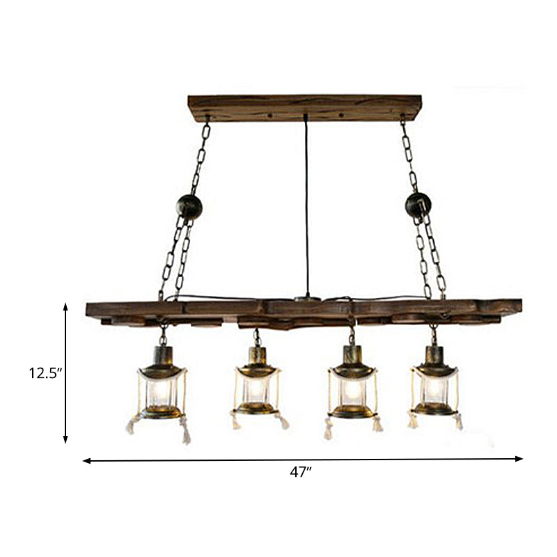 Dark Wood 4 Lights Island Lamp Vintage Clear Glass Kerosene Chandelier Lighting Fixture Clearhalo 'Ceiling Lights' 'Glass shade' 'Glass' 'Island Lights' Lighting' 337728