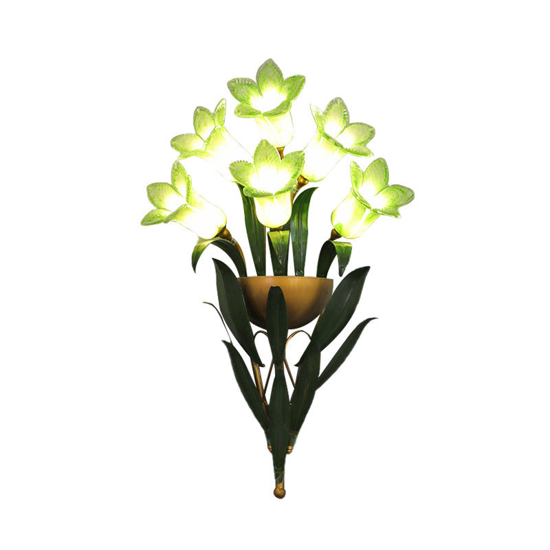 Green/Purple Glass Morning Glory Sconce 6/10 Lights Bedroom Wall Light Fixture with Leaf Deco Clearhalo 'Wall Lamps & Sconces' 'Wall Lights' Lighting' 337757