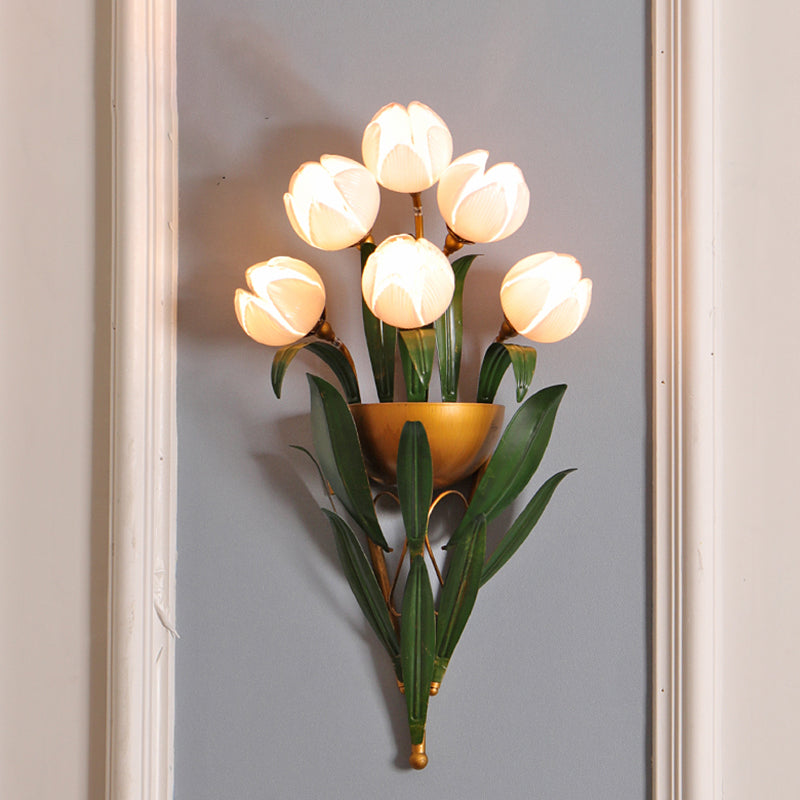 Pink Glass Brass Sconce Light Lotus 6 Lights Traditional Wall Mounted Lighting for Bedroom Clearhalo 'Wall Lamps & Sconces' 'Wall Lights' Lighting' 337767