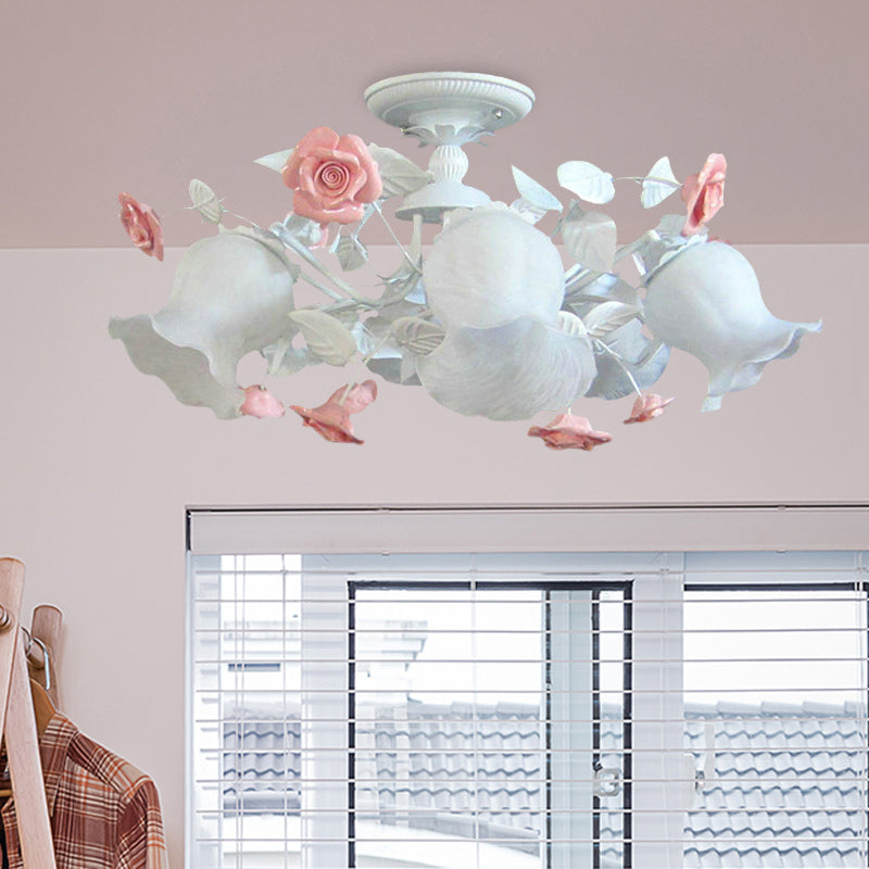 6 Lights Bedroom Ceiling Mounted Fixture Lodge Pink Semi Flush with Flower White Glass Shade White Clearhalo 'Ceiling Lights' 'Close To Ceiling Lights' 'Close to ceiling' 'Glass shade' 'Glass' 'Semi-flushmount' Lighting' 337792