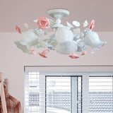 6 Lights Bedroom Ceiling Mounted Fixture Lodge Pink Semi Flush with Flower White Glass Shade White Clearhalo 'Ceiling Lights' 'Close To Ceiling Lights' 'Close to ceiling' 'Glass shade' 'Glass' 'Semi-flushmount' Lighting' 337792