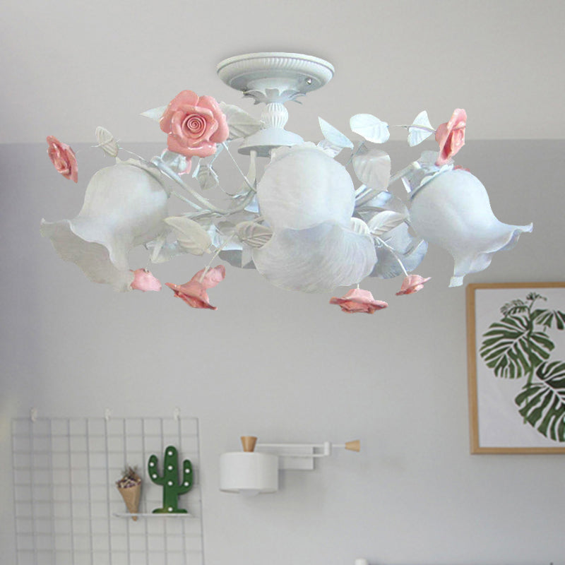 6 Lights Bedroom Ceiling Mounted Fixture Lodge Pink Semi Flush with Flower White Glass Shade Clearhalo 'Ceiling Lights' 'Close To Ceiling Lights' 'Close to ceiling' 'Glass shade' 'Glass' 'Semi-flushmount' Lighting' 337793