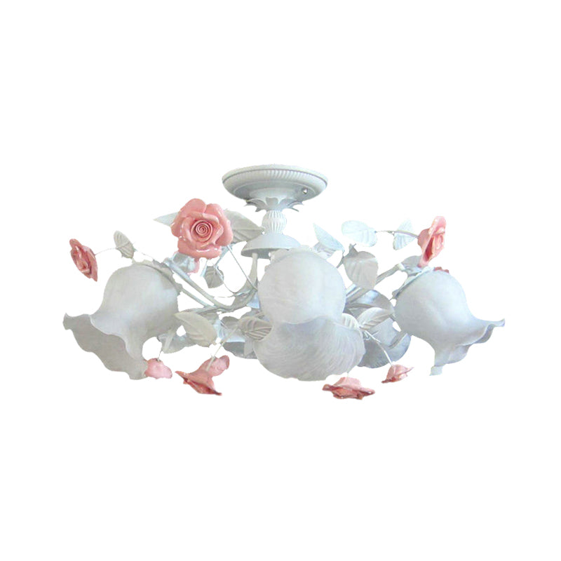 6 Lights Bedroom Ceiling Mounted Fixture Lodge Pink Semi Flush with Flower White Glass Shade Clearhalo 'Ceiling Lights' 'Close To Ceiling Lights' 'Close to ceiling' 'Glass shade' 'Glass' 'Semi-flushmount' Lighting' 337794