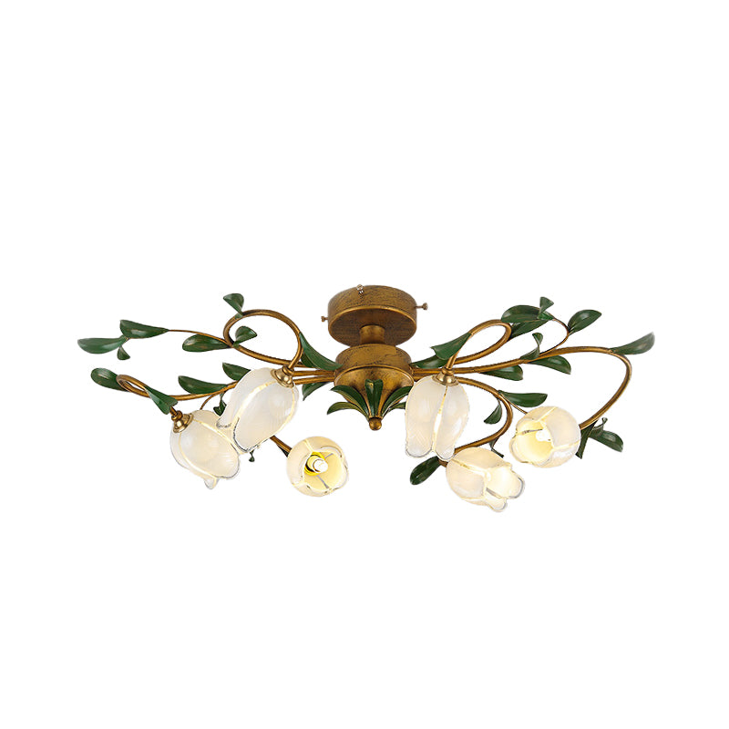 Tulip White/Yellow Glass Semi Flush Light Fixture Traditional 6 Lights Dining Room Ceiling Mount Chandelier in Brass Clearhalo 'Ceiling Lights' 'Close To Ceiling Lights' 'Close to ceiling' 'Glass shade' 'Glass' 'Semi-flushmount' Lighting' 337804