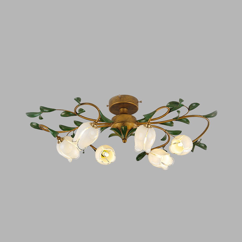 Tulip White/Yellow Glass Semi Flush Light Fixture Traditional 6 Lights Dining Room Ceiling Mount Chandelier in Brass Clearhalo 'Ceiling Lights' 'Close To Ceiling Lights' 'Close to ceiling' 'Glass shade' 'Glass' 'Semi-flushmount' Lighting' 337805