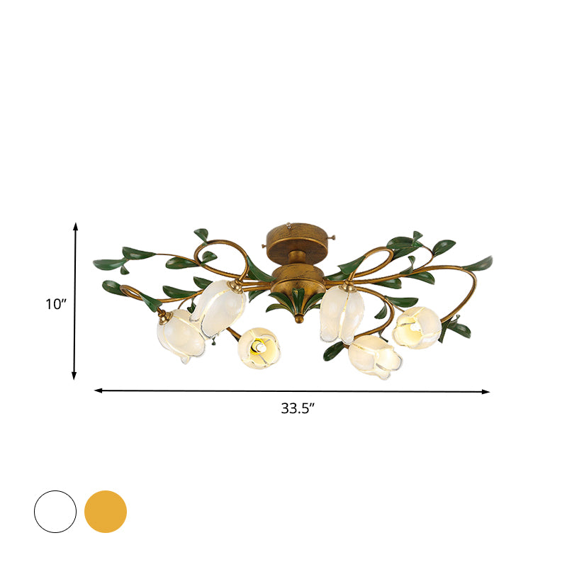 Tulip White/Yellow Glass Semi Flush Light Fixture Traditional 6 Lights Dining Room Ceiling Mount Chandelier in Brass Clearhalo 'Ceiling Lights' 'Close To Ceiling Lights' 'Close to ceiling' 'Glass shade' 'Glass' 'Semi-flushmount' Lighting' 337806